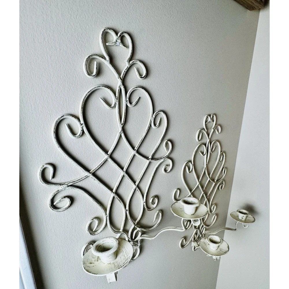 Vintage French Country Distressed Metal Wall Sconce Candle Holder Pair Cream 16
